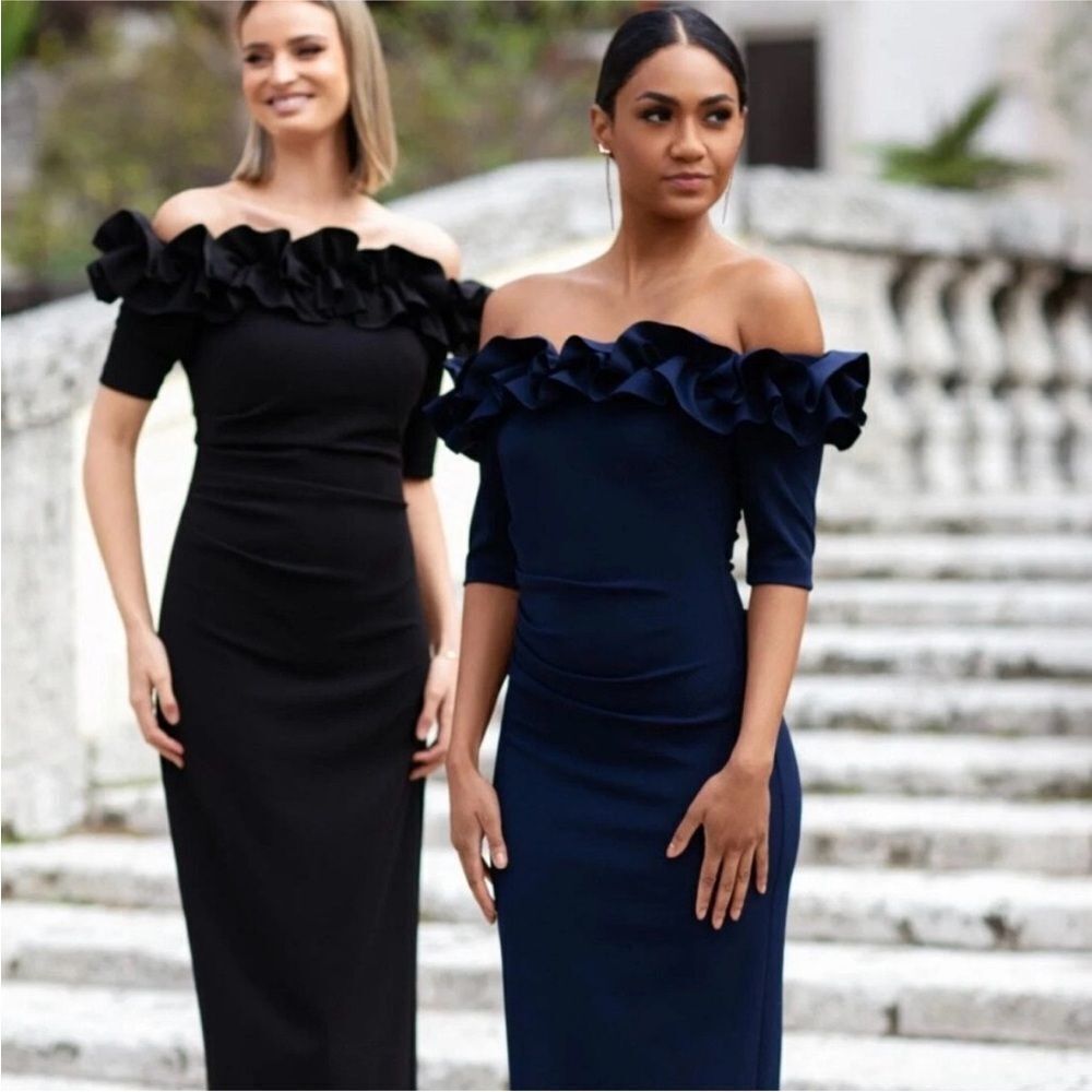 XSCAPE 3856X Off the Shoulder Ruffle Crepe Trumpet Gown Navy NWT $258